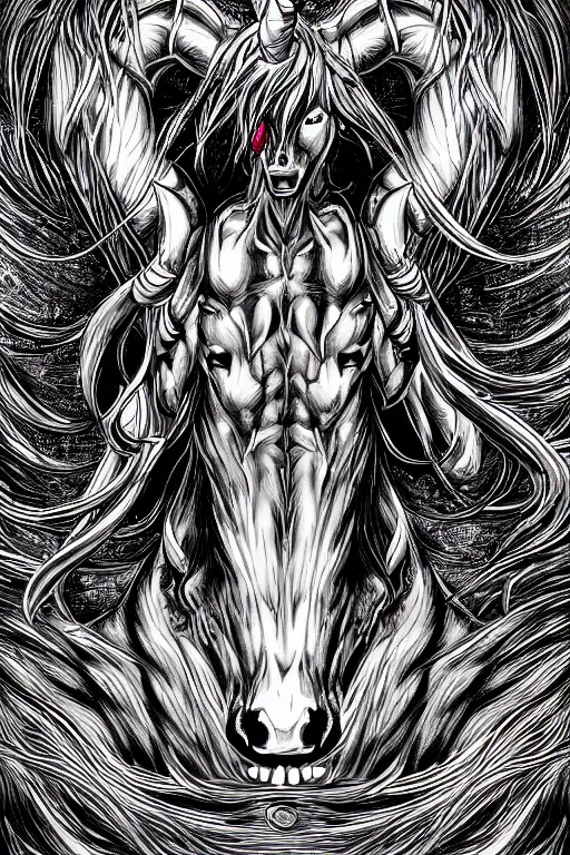 Prompt: bloodthirsty unicorn, symmetrical, highly detailed, digital art, sharp focus, trending on art station, kentaro miura manga art style