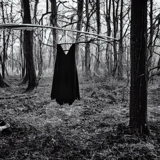 Prompt: clothes on a hanger in a lonely eery forest, fever dream, award winning photography, dreamcore, weirdcore