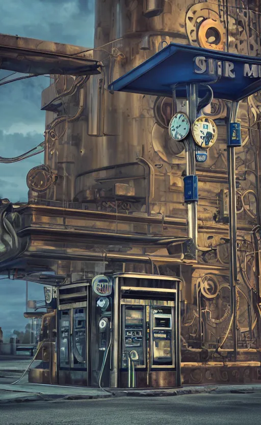 Prompt: steampunk gas station, 4 k, polished, photorealistic, hard edges, zoomed in, very coherent, sharp focus, rim light, exquisite lighting, blue gradient, hard edges, sci - fi, cinematic, octane render