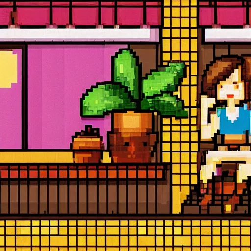 Prompt: a thin, pretty young Filipino girl sits in the window of a Cafe with an espresso, golden morning light, tropical plants, amazing 16 bit pixel art, 6 colors, artstation