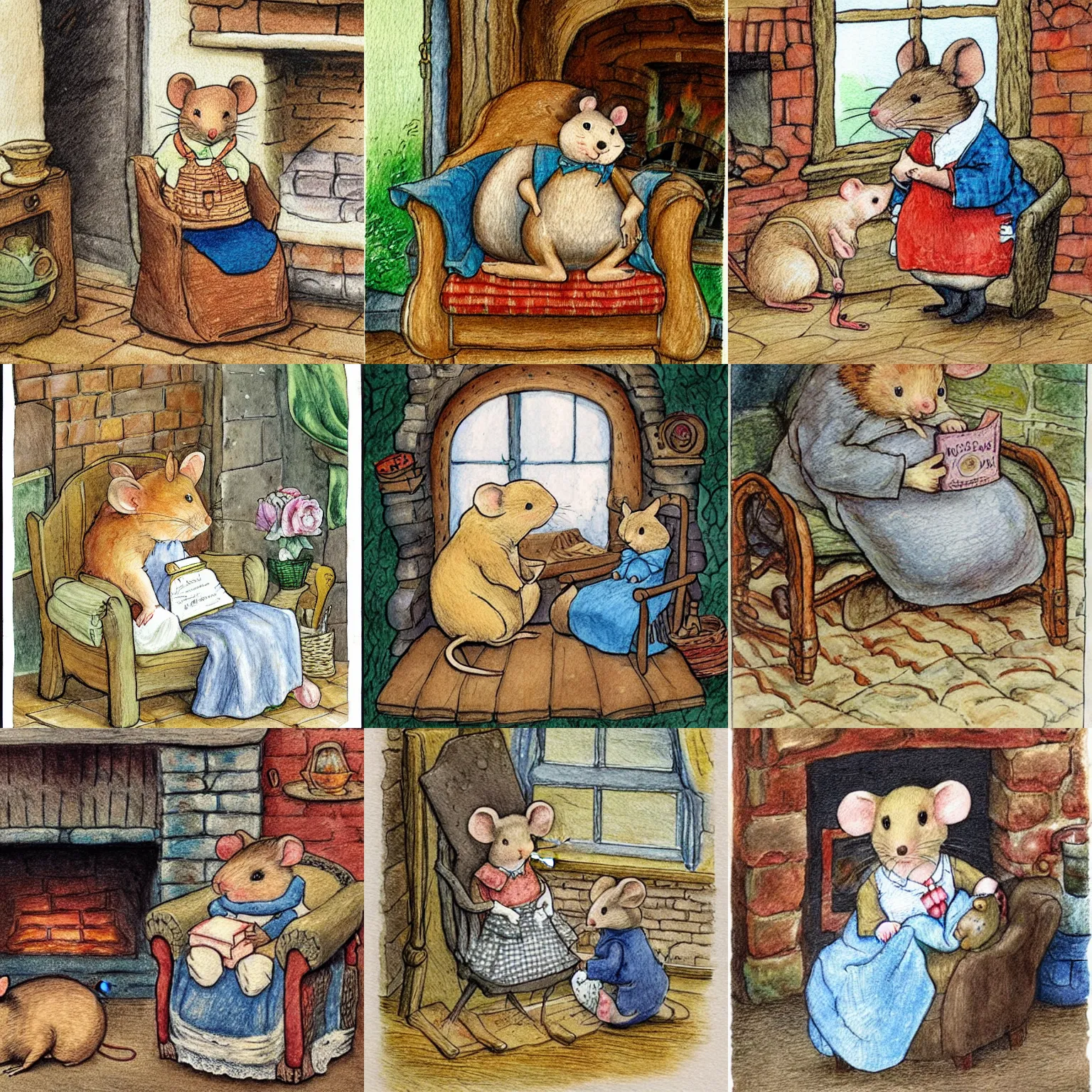 Prompt: mother mouse wearing a dress, sitting on a comfy big armchair, telling her baby a story beside a brick fireplace in a cozy cottage, in the style of beatrix potter, classic children's illustrations, pencil and watercolour, historical, highly detailed, realistic style, award winning,