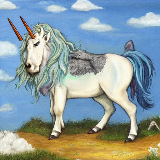 Image similar to A Bufficorn, a mythical animal which is half buffalo, half Unicorn. painting