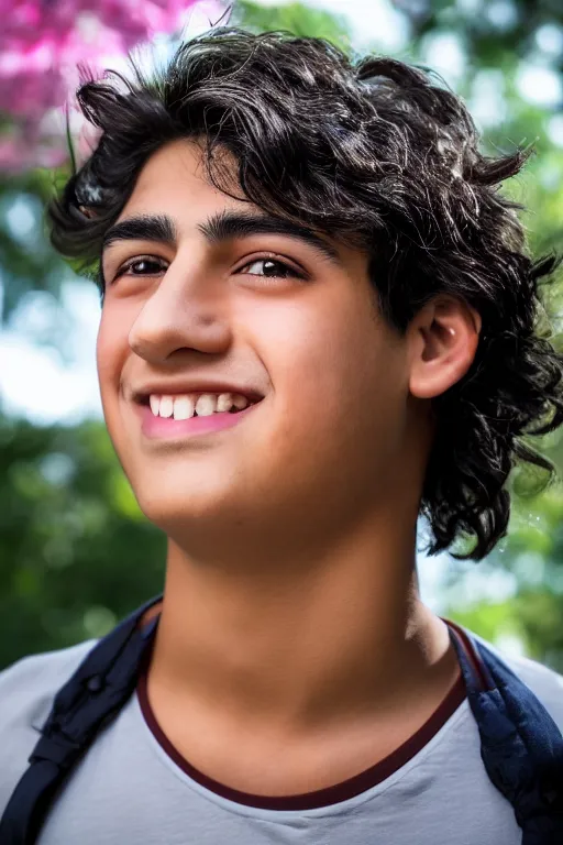 Image similar to close up headshot of an effeminate hispanic teen boy with medium length wavy black hair a wide smile brown eyes a small nose tidy plucked eyebrows dark brown eyes and a diamond shaped face, high resolution film still, 8k, HDR color
