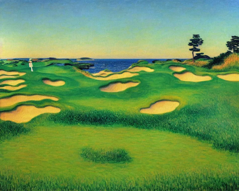 Image similar to achingly beautiful painting of bandon dunes golf course by rene magritte, monet, and turner.