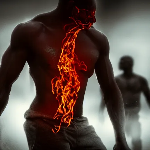 Image similar to a muscular man walking through flames. His skin is charcoal. His eyes are coals. His bones are exposed