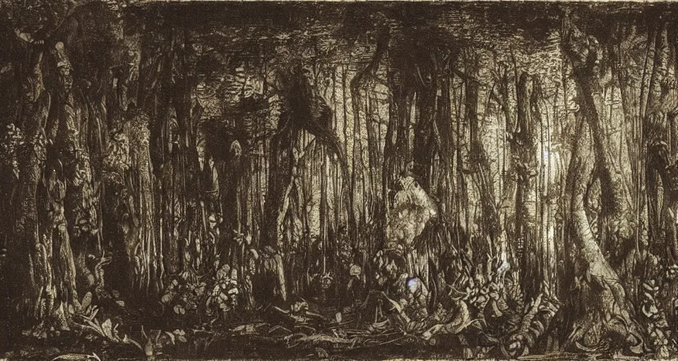 Image similar to A dense and dark enchanted forest with a swamp, by Leonardo da vinci