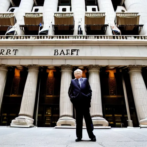 Image similar to warren buffet as a kristy creme standing outside wall street stock exchange, reality, realistic, detailed, 8 k, award winning, wide shot,