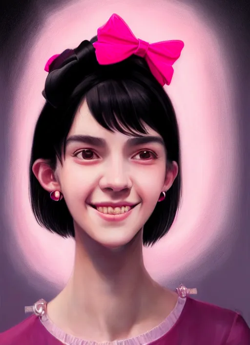 Image similar to portrait of high school girl, realistic, black hair, bangs, half updo hairstyle, pointy nose, skinny, smile, ugly, defined jawline, big chin, pink hair bow, earrings, intricate, elegant, glowing lights, highly detailed, digital painting, artstation, sharp focus, illustration, art by wlop, mars ravelo and greg rutkowski