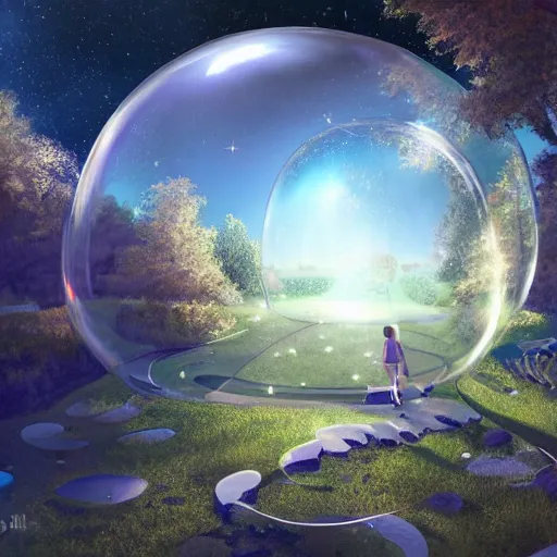 Prompt: a glass bubble space utopia where the path waves are filled with fauna, dynamic lighting, photorealistic fantasy concept art, trending on art station, stunning visuals, creative, cinematic, ultra detailed, ray tracing, sun rays