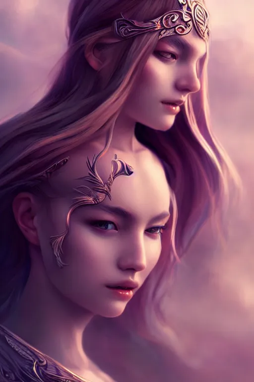 Prompt: Fantasy Mystical Beautiful Female Winged Guardian named Aurora, Highly Detailed Photorealistic, beautiful face, by NIXEU, by Việt Anh, by WLOP