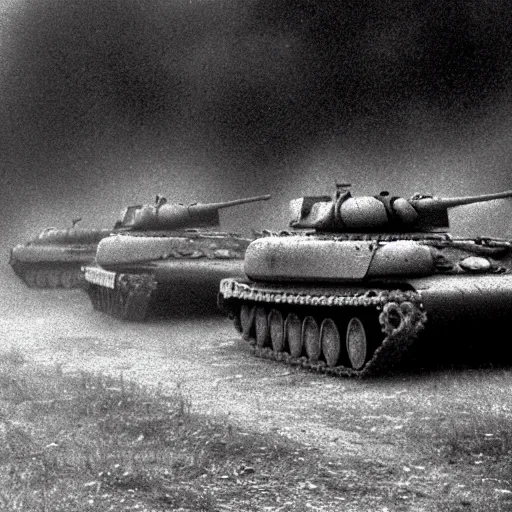 Image similar to flash photograph of russian tanks, accompany by soviet infantry squad, 1985, creepy, haunted, fog, atmospheric, vintage photo