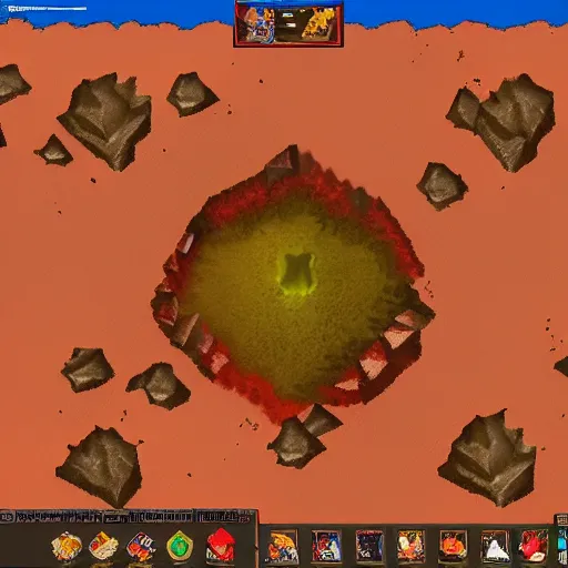 Image similar to TzKal-Zuk at the Inferno, old school runescape, lava river, magma, large shield of magma, obsidian pillars