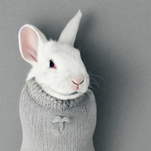 Prompt: A tired cartoon albino rabbit in a sweater.