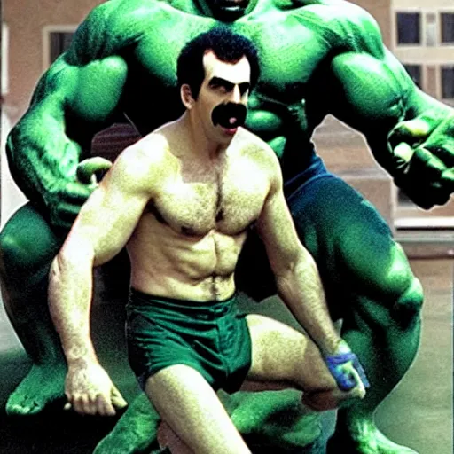 Image similar to Borat as the incredible hulk