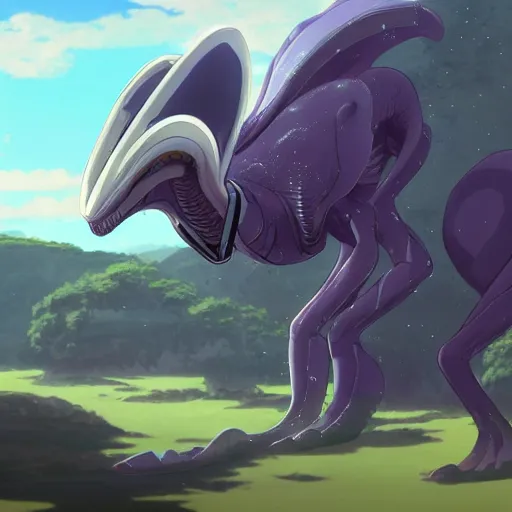 Prompt: concept art painting of an alien animal creature, detailed, cel shaded, in the style of makoto shinkai and moebius and james gurney