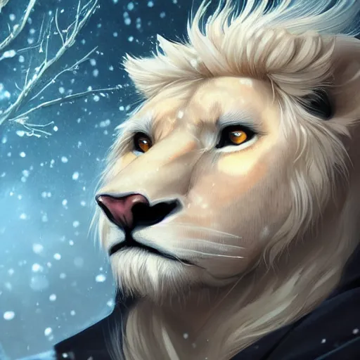 Image similar to aesthetic half body portrait commission of a albino male furry anthro lion wearing a Kimono, detailed face , hyperdetailed, snowy winter atmosphere. Character design by charlie bowater, ross tran, artgerm, and makoto shinkai, detailed, inked, western comic book art, 2021 award winning painting