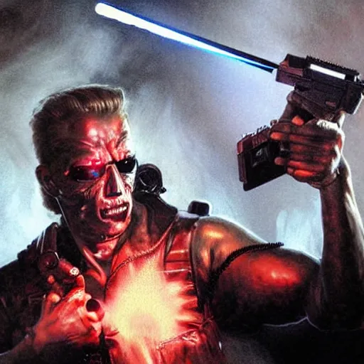 Image similar to The Terminator model 101 stands tall in club \'Tech Noir\' pointing an UZI 9mm sub machine gun at his targets forehead, The red laser sights can be seen through the dry ice. detailed, digital painting, artstation, concept art, smooth, sharp focus, illustration, art by artgerm and greg rutkowski and alphonse mucha