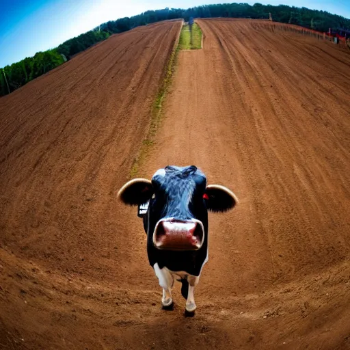 Image similar to a cow standing on a motocross jump, fisheye lens