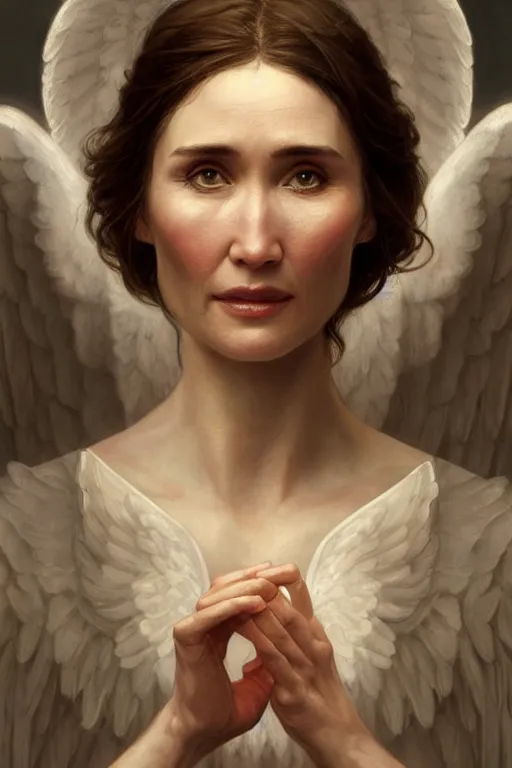 Image similar to carice van houten as a heavenly angel, anatomy, only two hands, highly detailed, digital painting, artstation, concept art, smooth, sharp focus, illustration, unreal engine 5, 8 k, art by art by artgerm and greg rutkowski and edgar maxence