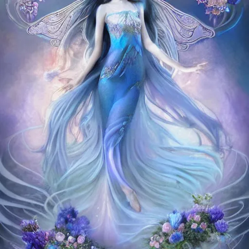 Image similar to Ethereal goddess of the moon, beautiful blue silver hair woman like Dilraba Dilmurat, california girl, wearing a flowing dress, lots of flowers, symmetrical face, art nouveau, portrait, cute, playful, fairy, harper's bazaar, pearlescent, sacred geometry, detailed background, featured on artstation, by Daniel Gerhartz, by ross tran, bright pastel colors, face by artgerm, by Kelly McKernan, by Charlie Bowater, by Laura rubin, 8k