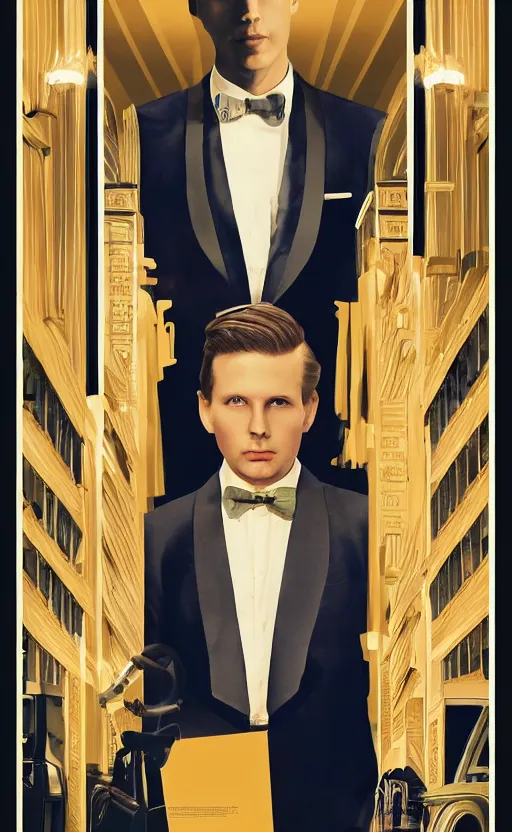 Image similar to film poster. a young man in a suit. the halls and foyer of a grand old art deco hotel. the hotel's eclectic guests. film poster. wes anderson. golden light. collage. photorealistic. trending on artstation. textless.