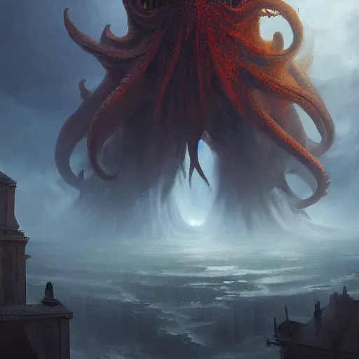 Image similar to gigantic cthulhu, size comparsion, small city, dramatic lighting, chiaroscuro, high detail, painted by greg rutkowski, painted by igor kieryluk, painted by bobby chiu, trending on artstation