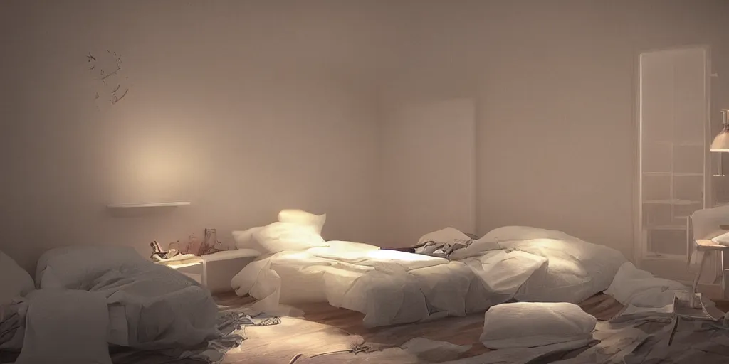 Prompt: beautiful bedroom at night, award - winning digital art, anime, volumetric lighting