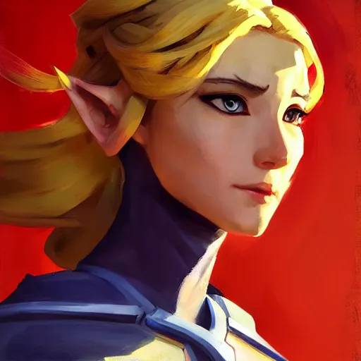 Image similar to greg manchess portrait painting of zelda as overwatch character, medium shot, asymmetrical, profile picture, organic painting, sunny day, matte painting, bold shapes, hard edges, street art, trending on artstation, by huang guangjian and gil elvgren and sachin teng