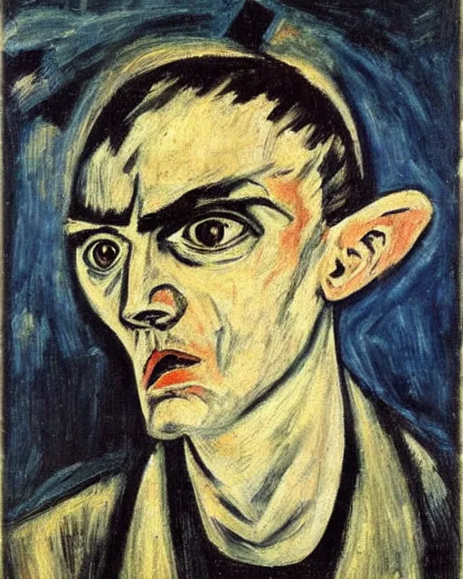 Prompt: Max Beckmann. El Greco. Van Gogh. Oil on canvas. Portrait of a demon.