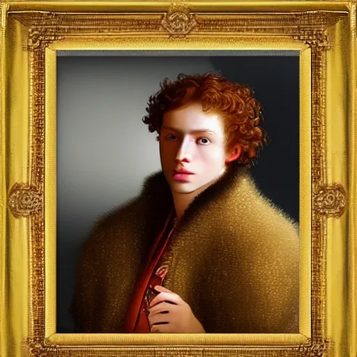 Image similar to young man with curly reddish hair, in rich Russian furcoat, with pearl earring, Russian Empire, cinematic lighting, highly detailed, digital art, Renaissance painting, framed, by Kiprensky, by Rutkowsky,
