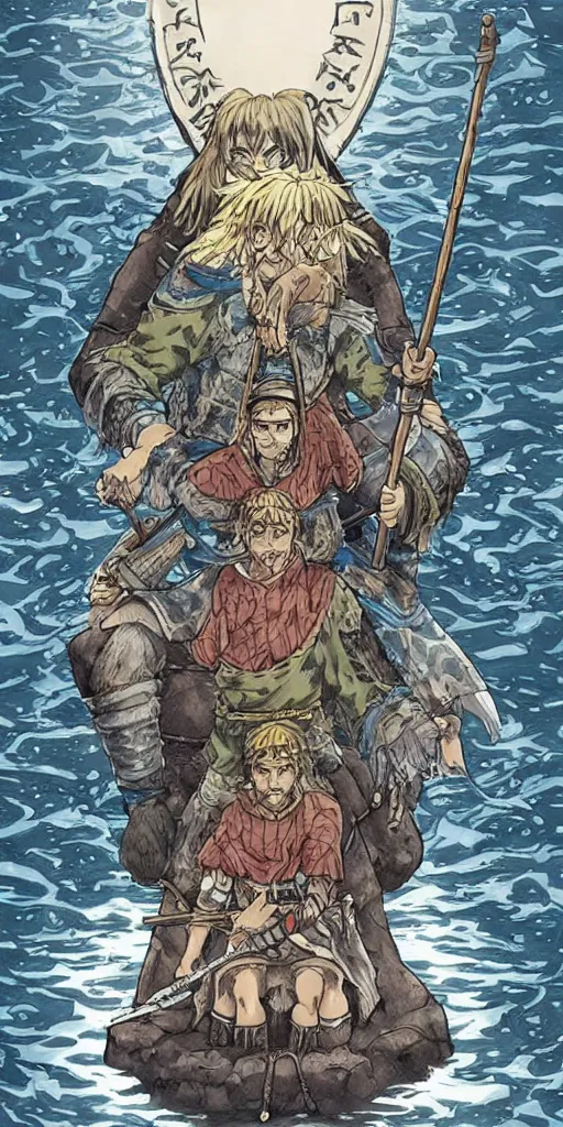 Image similar to a lone king sitting on a throne floating on water in the middle of a lake drawn by Makoto Yukimura in the style of Vinland saga anime, full color