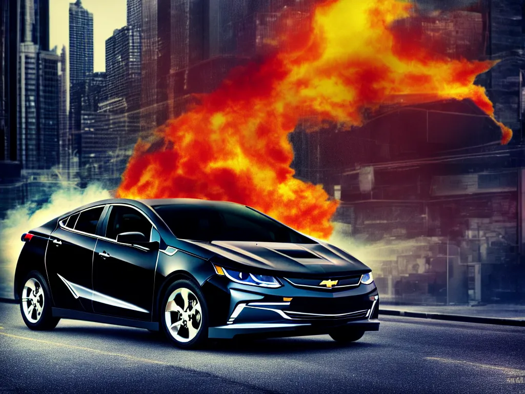 Image similar to black chevy volt close up with a city street background, smoke, fi, chrome, shiny, reflective, metallic, 3 d, render, realistic, hdr, dramatic lighting, flame colors bright