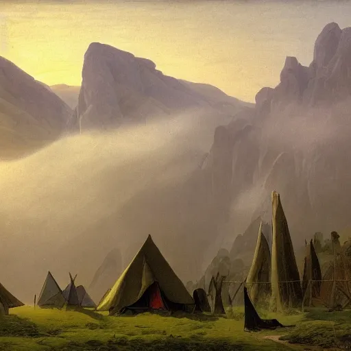 Prompt: village above the clouds, sharp pointy mountains, wooden platforms, tents, colors, misty clouds, sun at dawn, brutalism, painting by caspar david friedrich