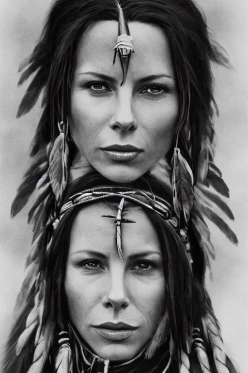 Image similar to Photo of Native American indian woman Kate Beckinsale, portrait, skilled warrior of the Apache, ancient, realistic, detailed, Kate Beckinsale