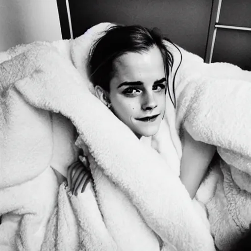 Image similar to emma watson waiting for you in bed at night while smiling shyly, messy hair bedhead, very sleepy and shy, bare shoulders, comforting, covered in big fluffy white blanket, dim cool lighting