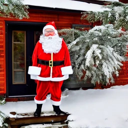 Image similar to a rabbit dressed as santa, stands outside a brown swedish cottage, snowing, in the style of jenny nystrom