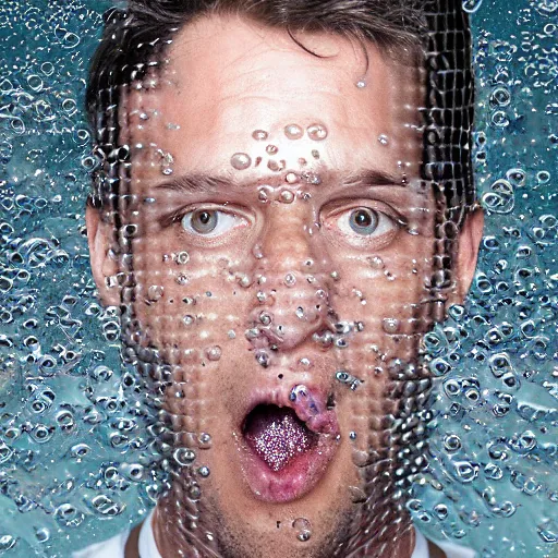 Prompt: portrait of a man who's face is made of bubble wrap plastic, he looks terrified, realistic photoshop