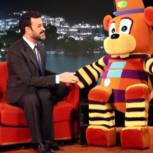 Prompt: Jimmy Kimmel interviewing Freddy Fazbear, tv show, television,