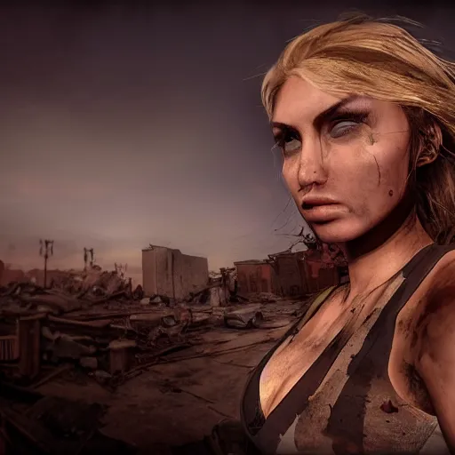 Image similar to pretty face, wide angle lens, photorealistic, 4k, background of destroyed city post apocalyptic, steakpunk, soft lighting, portrait