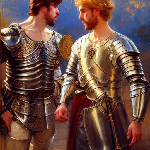 Image similar to attractive fully clothed prince confesses his love for his attractive fully clothed male knight. highly detailed painting by gaston bussiere, craig mullins, j. c. leyendecker 8 k