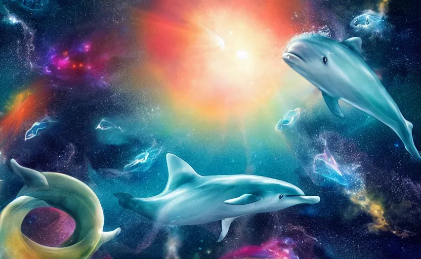 Image similar to a group of cosmic dolphins swimming and jumping out of a ocean of the cosmos, epic composition, 4 k