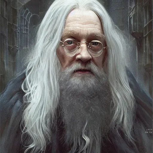 Prompt: Albus Dumbledore from Harry Potter, diffuse lighting, fantasy, intricate, elegant, highly detailed, lifelike, photorealistic, digital painting, artstation, illustration, concept art, smooth, sharp focus, art by John Collier and Albert Aublet and Krenz Cushart and Artem Demura and Alphonse Mucha