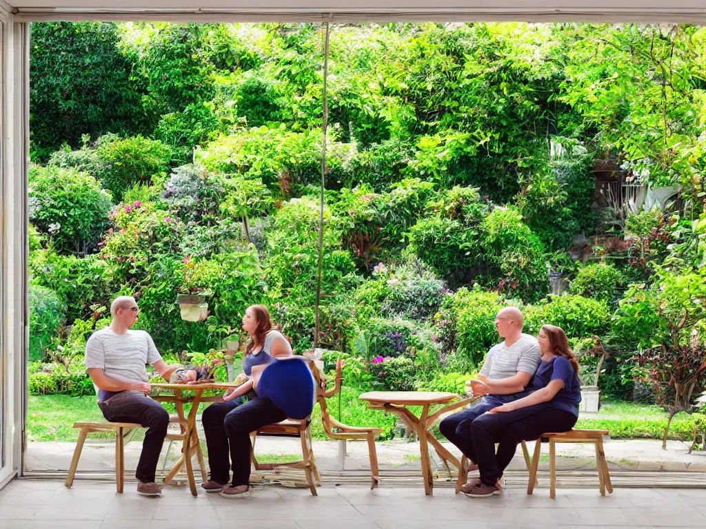 Prompt: couple sitting in garden room, wide angle, lens distortion, high contrast, cinecolor, soft lighting, multiple table fans placing around them, day light, happy mood