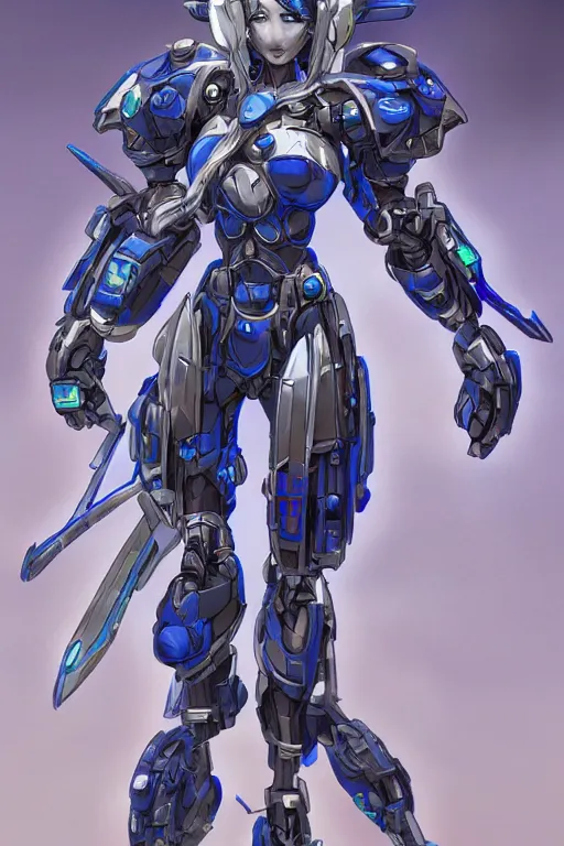 Image similar to full body shot of a beautiful and gorgeous female azure mech warrior by Masamune Shirow, manga, single face, trending on artstation, WLOP, detailed, intricate, elegant, sfw version