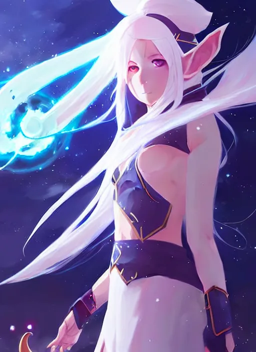 Image similar to a female space mage with long white hair, elf ears, star guardian inspired, perfect art, trending on pixiv, painted by greg rutkowski makoto shinkai takashi takeuchi, akihiko yoshida