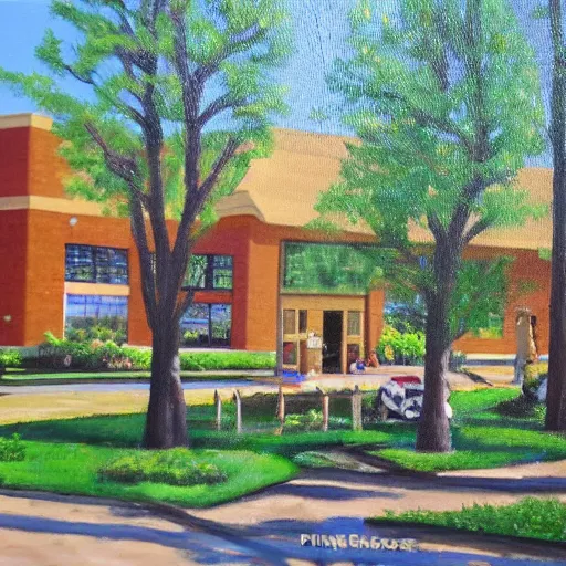 Prompt: beautiful oil painting of pine woods elementary school spring branch isd by olaf krans