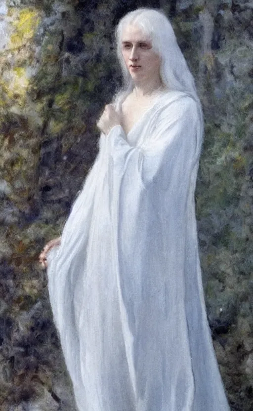 Image similar to say who is this with silver hair so pale and wan! and thin? flowing hair covering front of body, white robe, white dress!! of silver hair, covered!!, clothed!! lucien levy - dhurmer, fernand keller, oil on canvas, 1 8 9 6, 4 k resolution, aesthetic, mystery