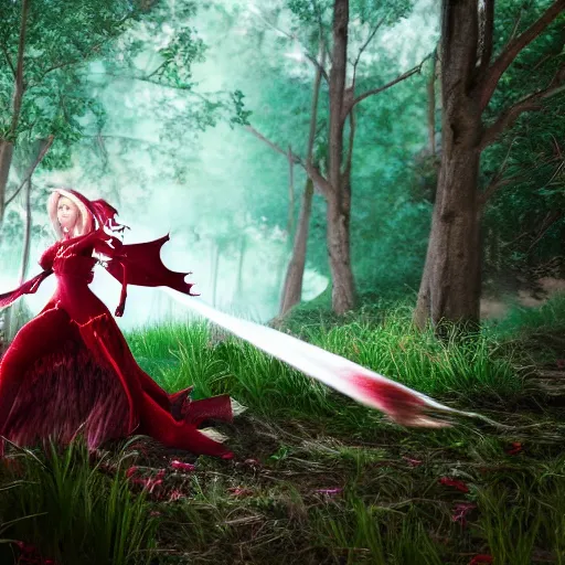 Image similar to princess knight girl fight a huge red dragon in the woods, cinematic lighting, highly detailed, unreal engine,