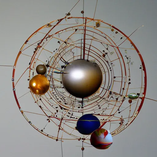 Image similar to a kinetic sculpture of this solar system, sun, orrery, canon 5 d 5 0 mm lens, papier - mache, studio, circa 2 0 1 2