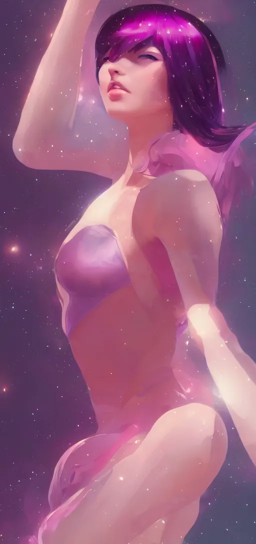 Image similar to beautiful woman floating in space peacefully, crystallized bodysuit, pinks blue an purples, extra long hair, full body, wojtek fus, by Makoto Shinkai and Ilya Kuvshinov,